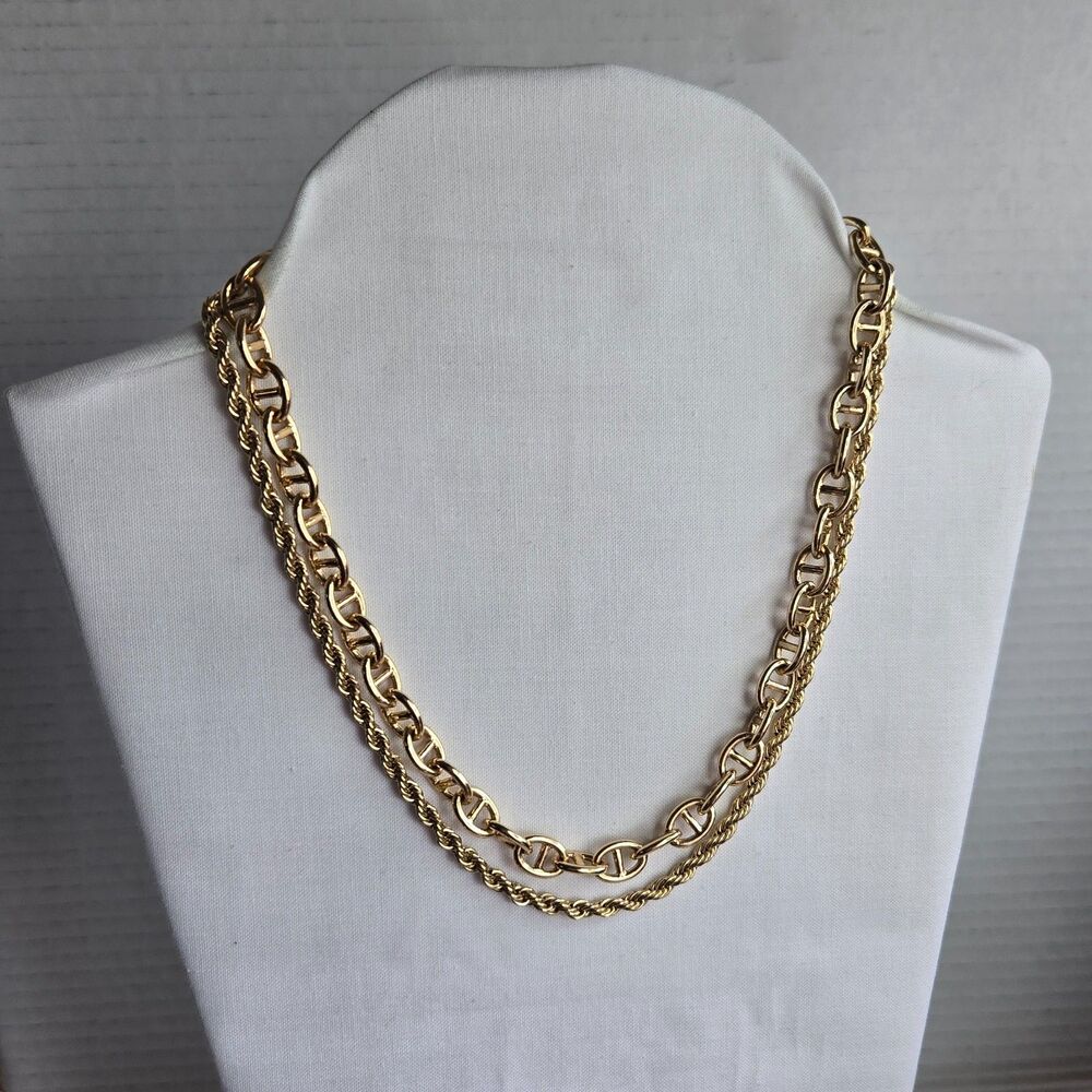 Vintage Gold Tone Double Strand Necklace Layered Mariner Anchor Twisted Rope 56g